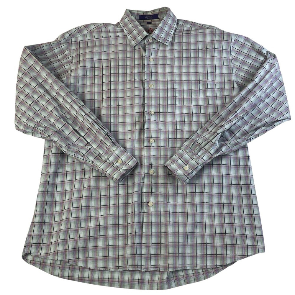 Alan Flusser Mens L Dress Shirt Plaid Check Button Down 100% Cotton
